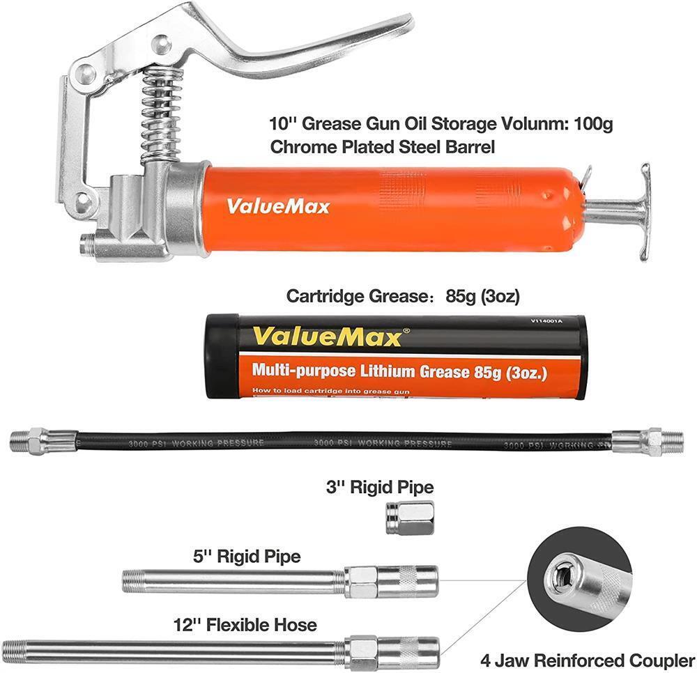 Mini Grease Gun Kit 3500 PSI 3OZ Grease 12″ Flexible Hose 5″& 3″ Extension Tubes