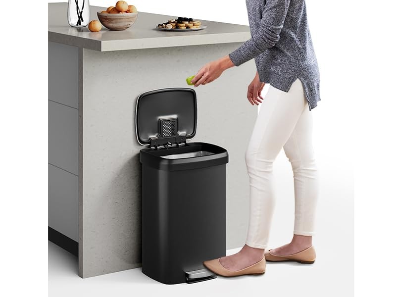 Plastic Garbage Can 13 Gal with Lid Step-On Soft Close Rear Handle Kitchen