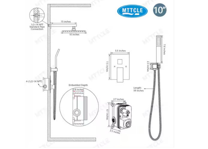 MTTCLE 1 Spray Square High Pressure Wall Bar Shower Kits w/Valve Brushed Nickel