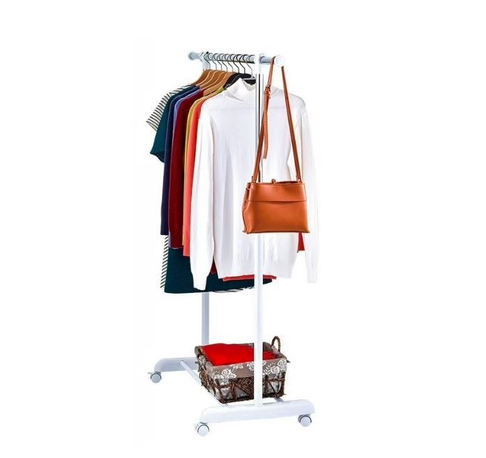 Heavy Clothes Hanger Adjustable Height Rolling Garment Rack Metal Chrome White
