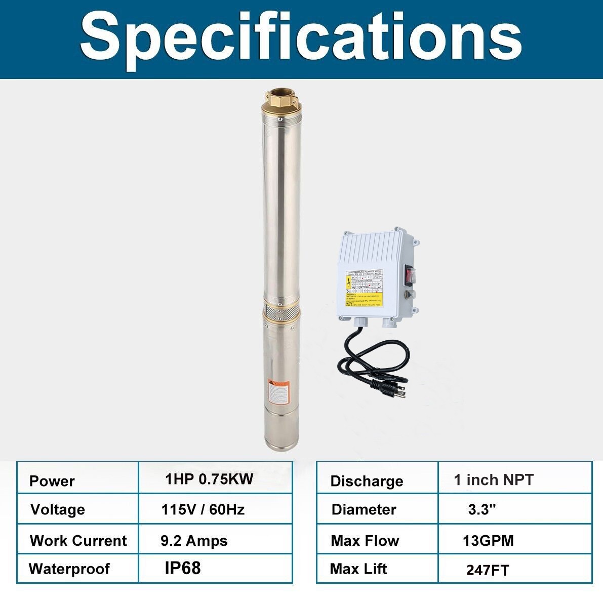 DC 24V 3” 270W Solar Deep Well Pump Bore Water Pump 396GPH + MPPT Controller