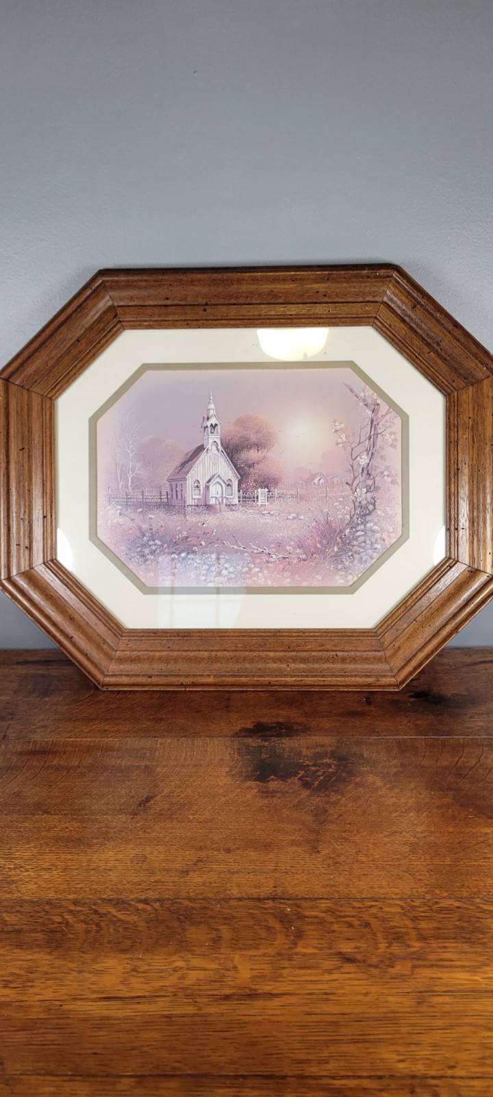 Vintage HOMCO Framed Country Church Landscape Print Octagon Wood Frame