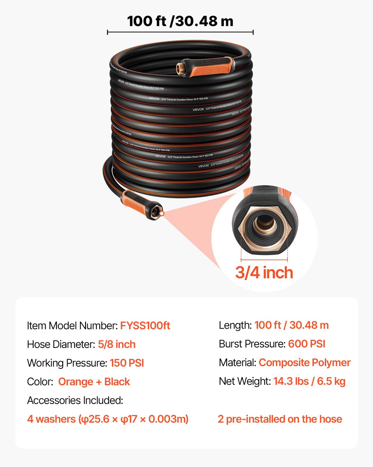 VEVOR Garden Hose 100ft 5/8″ Rubber Water Hose 3/4″Fitting Heavy Duty & Non-kink