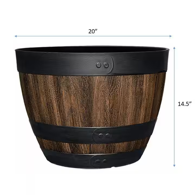 NEW Durable 20in Rustic Brown Resin Barrel Planter Outdoor Decor for Gardens