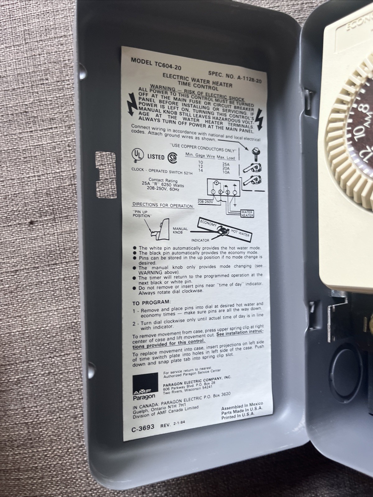 Paragon Model TC-604 24 Hour Time Controller – 208-250 volts 60 Hz 25 amps (READ