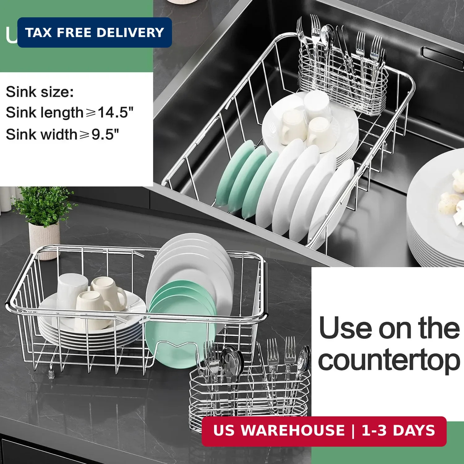 Dish Drainer Rack in Sink Adjustable, Expandable 304 Stainless Steel Metal Dish