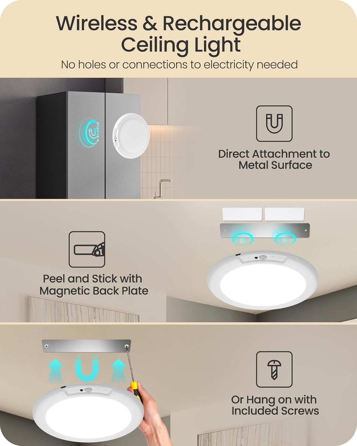 2/4 Pack Wireless Rechargeable Motion Sensor Ceiling Light with Remote Control
