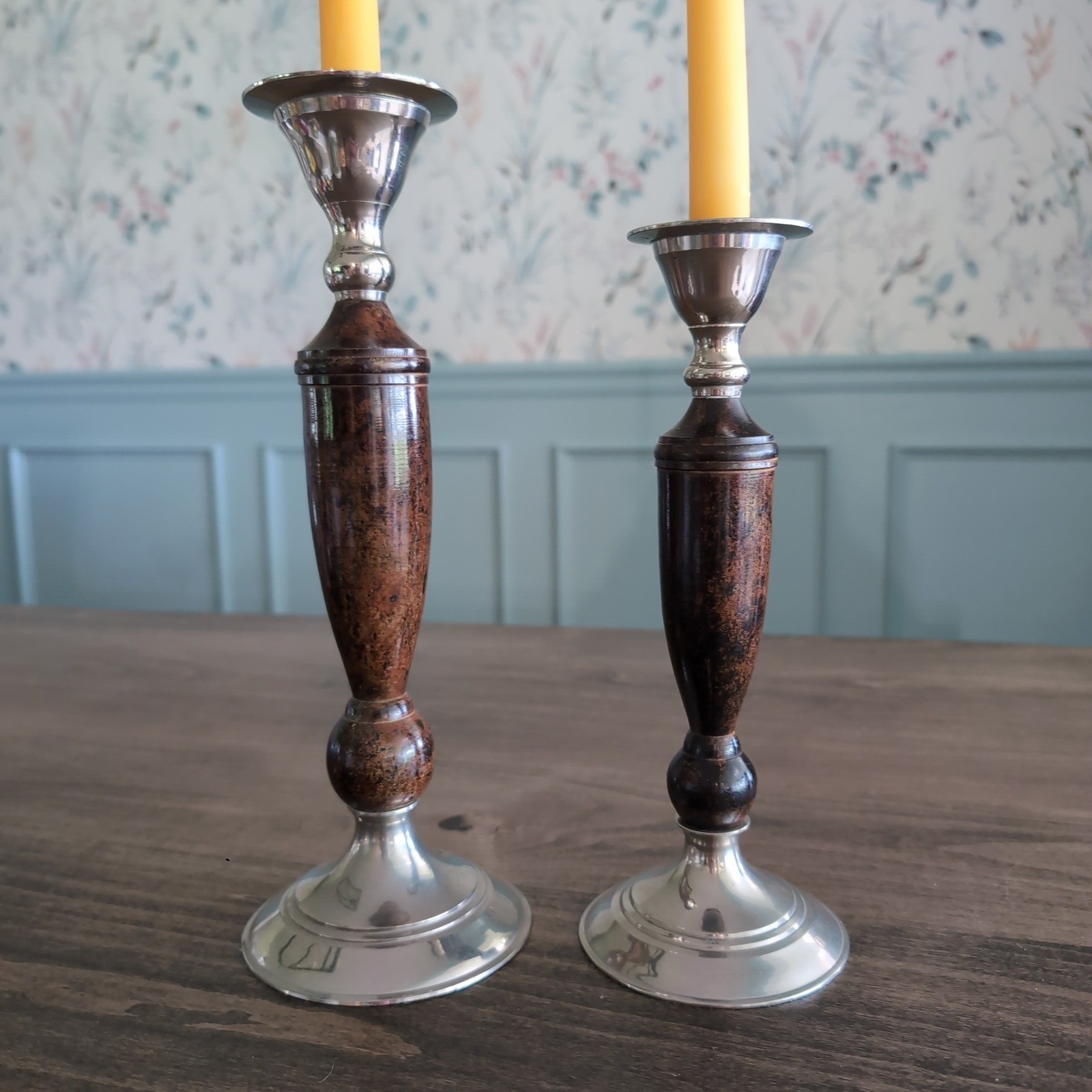 Vintage Candlestick Holders Silver Lacquered Wood~ Metal Set of 2~ India 70s MCM