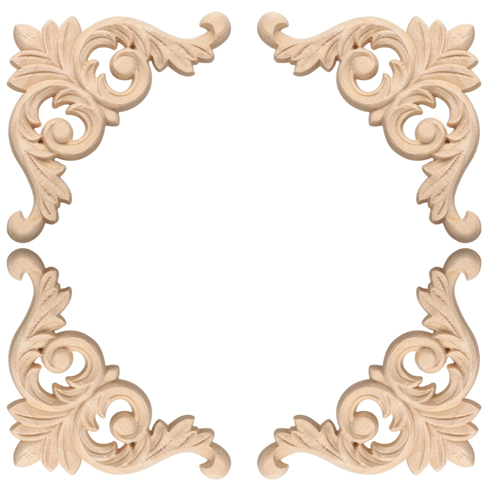 4Pack Carved Wood Appliques Onlays 8x8cm Unpainted Corners Carvings Decals