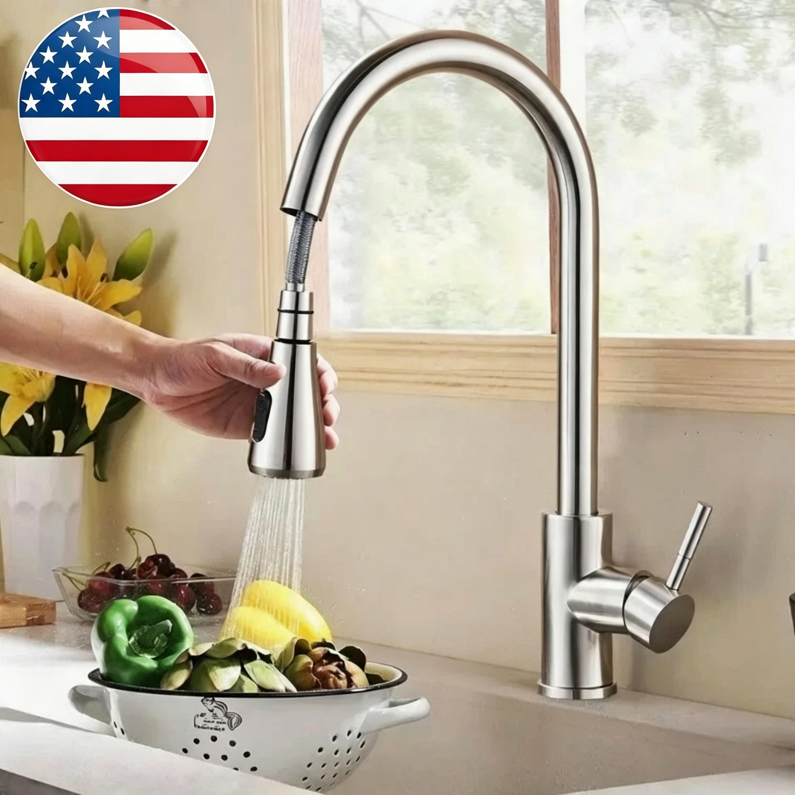Brushed Nickel Kitchen Faucet Sink Mixer Faucet Pull Down Sprayer Single Handle