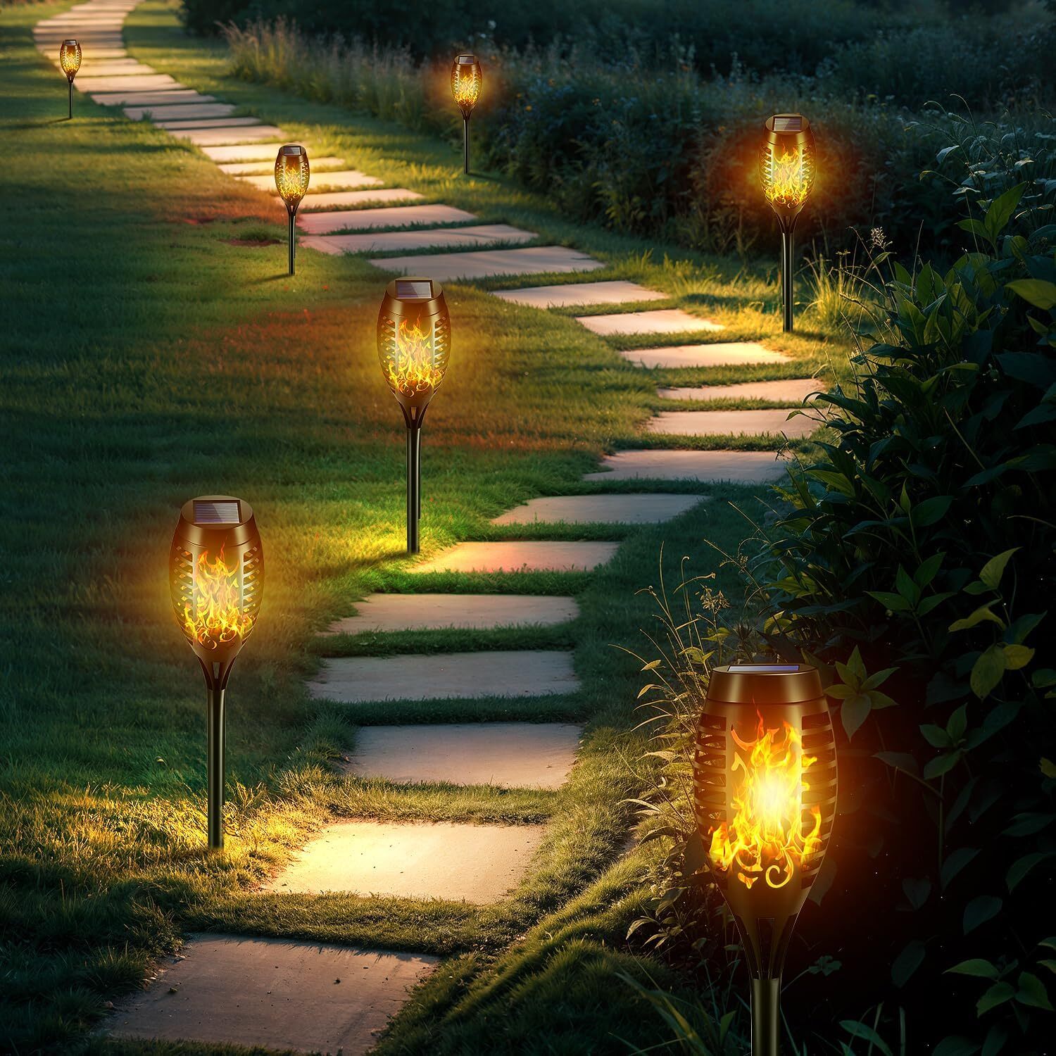 6 Pack LED Solar Flame Torch Lights Outdoor Flickering Garden Yard Pathway Lamps