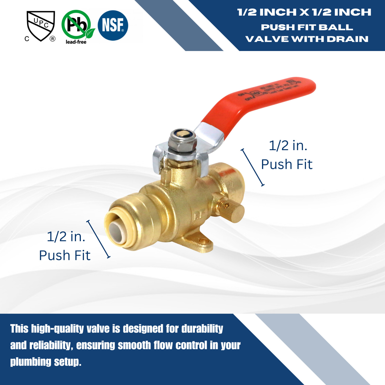 1) 1/2″ SHARKBITE STYLE PUSH FIT BALL VALVE W. DRAIN & DROP EAR (LEAD FREE BRASS