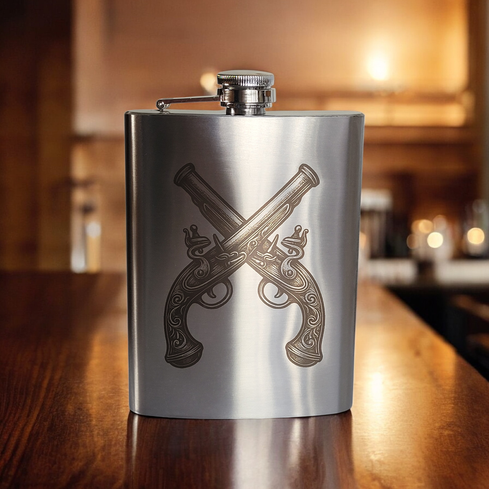 Duel Pistol Stainless Steel 8 oz. Hip Pocket Flask Vintage Dueling Pistol Design