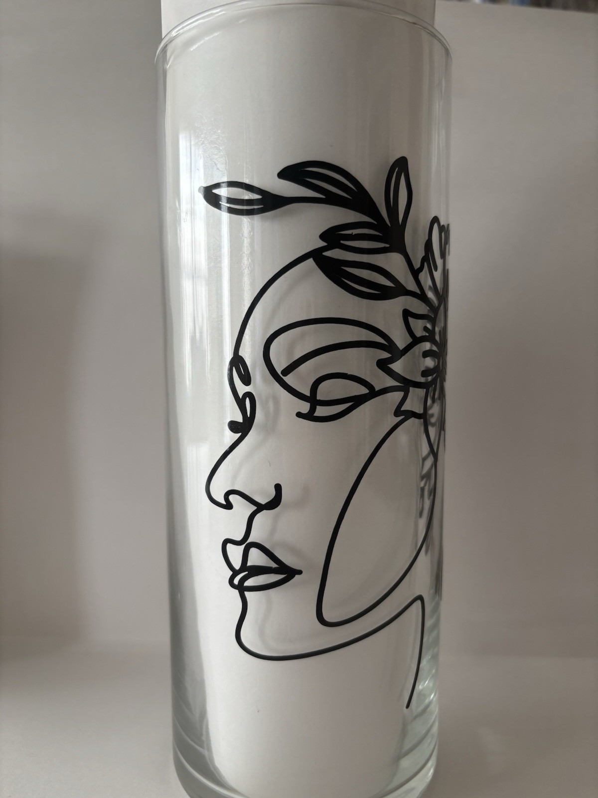 Glass Cylinder Vase 8.5 in H x 11 in W- Woman Face With Flowers Outline