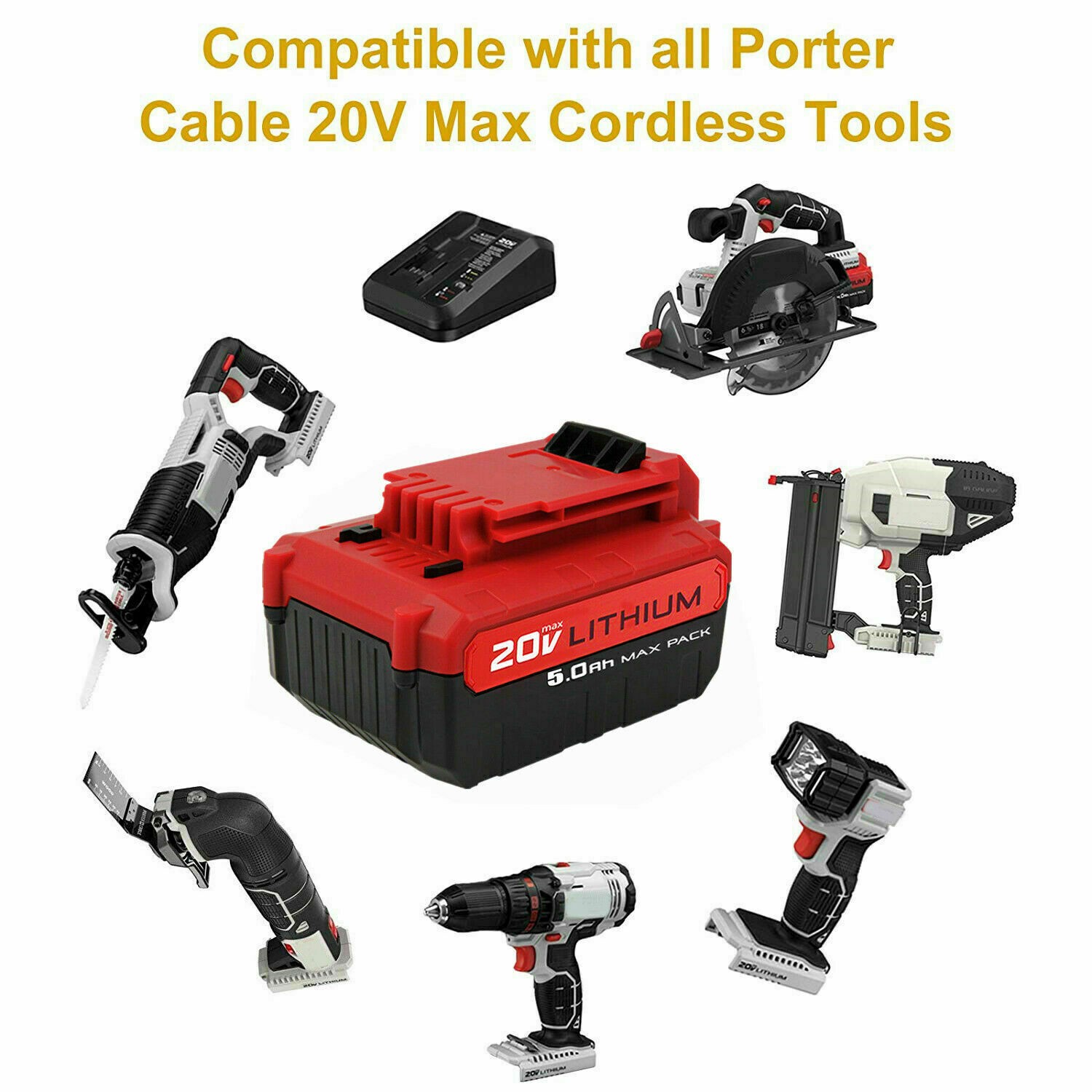 6Pack 8.0Ah Battery for Porter Cable 20V 20 Volt MAX Lithium-ion PCC685L PCC680L