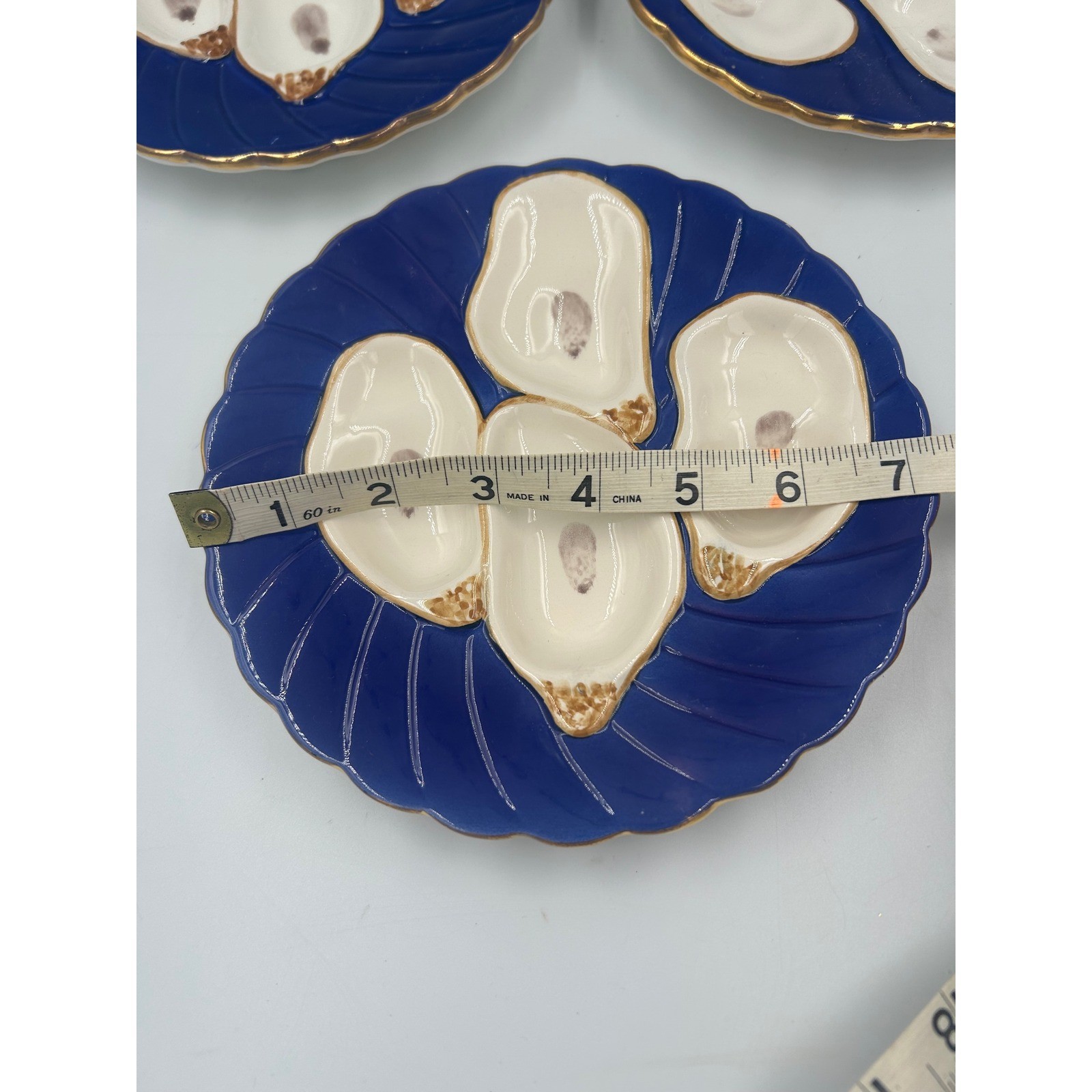 Abigails Cobalt Blue Ceramic Oyster Plates Gold Rim Set of 3 Wall Hanging 7.5in