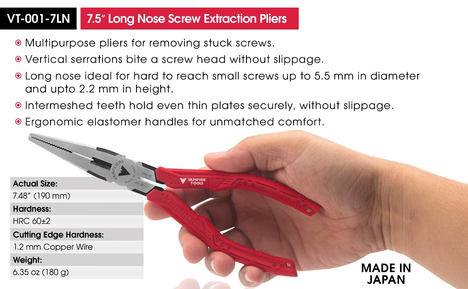 VAMPLIERS 7.5″ Screw Extractor Long Nose Pliers Made in Japan High Carbon Steel