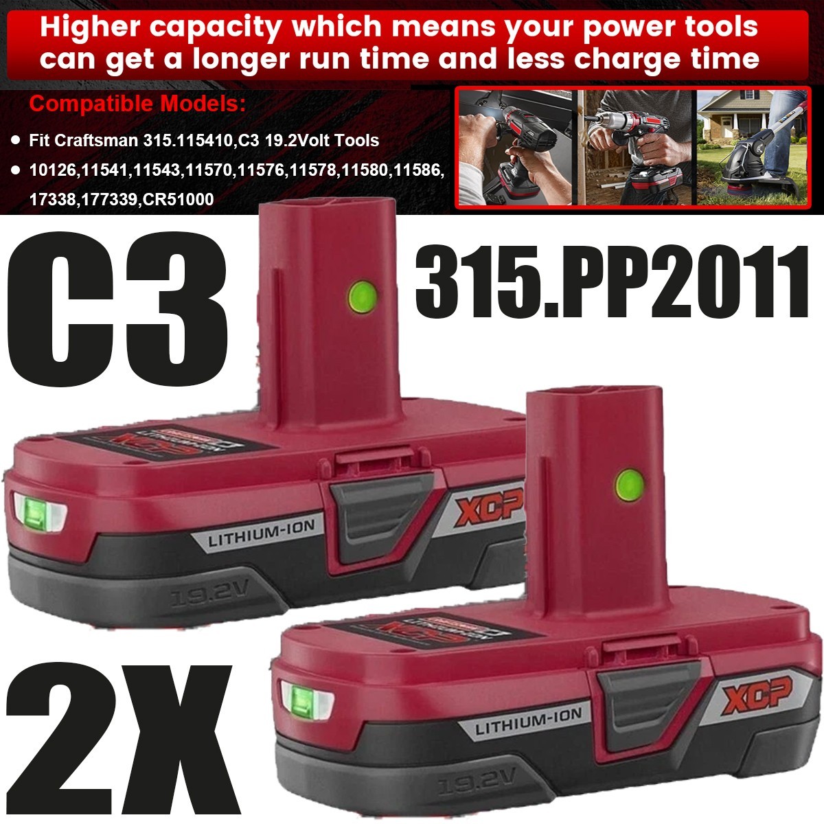 2Pack 19.2V 4.0Ah For Craftsman C3 DieHard Lithium ion XCP Battery 11375 11570