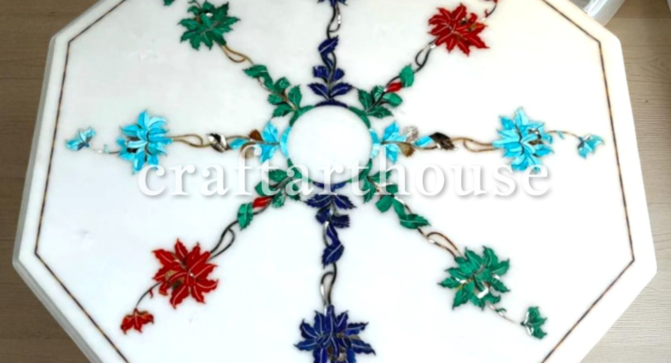 White Marble Inlay Coffee Tabletop Marquetry Modern Artwork with Precious Stone