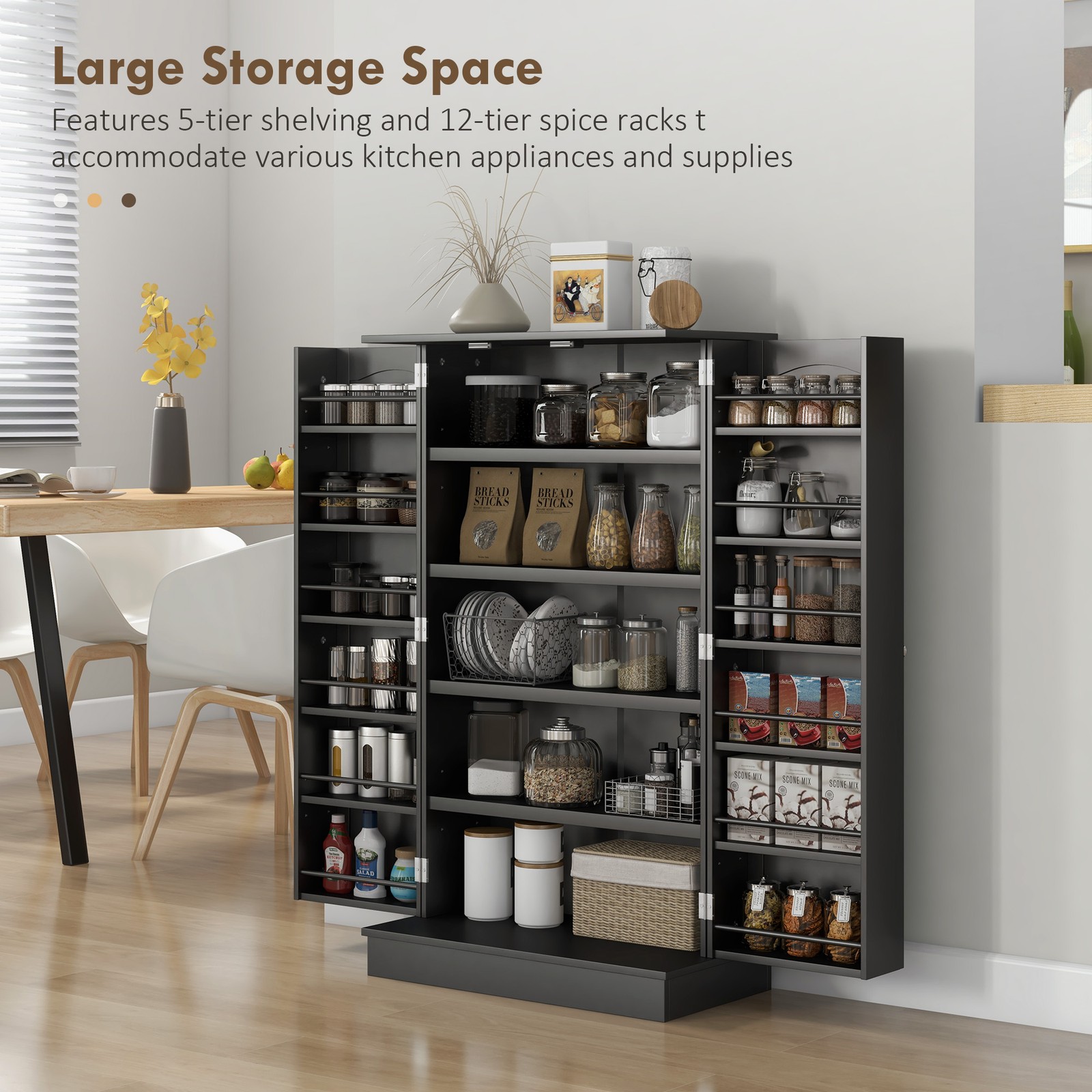 5-tier Kitchen Pantry Cabinet, Food Storage with 12 Door Shelves, Double Doors