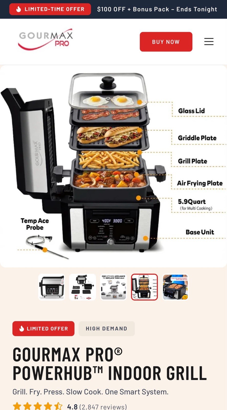 Gourmax Pro PowerHub Indoor Electric Grill Griddle Air Fryer, Removable Parts