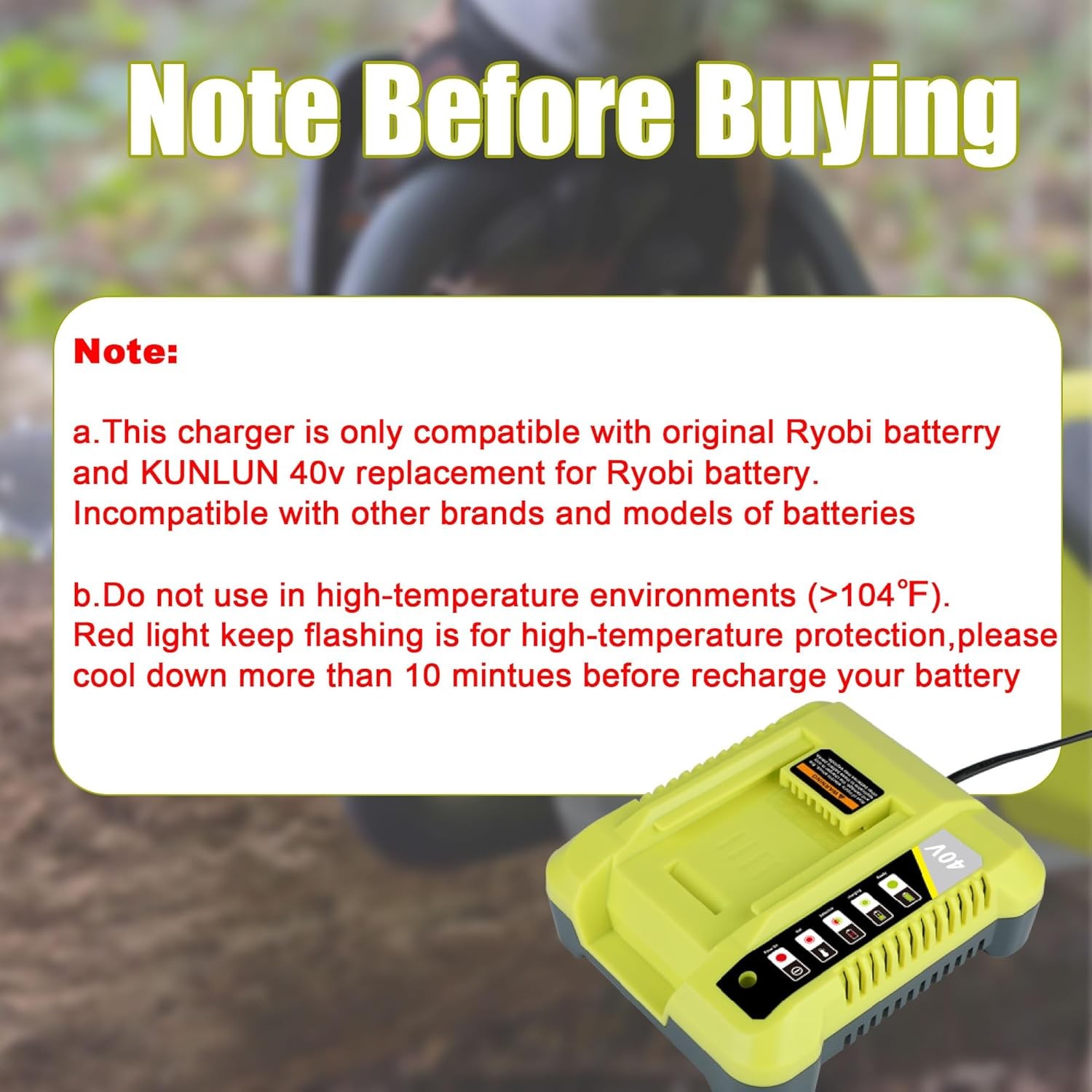 Replacement for Ryobi 40V Charger OP401 – Fits OP4026 OP4040 OP4030, LED Display