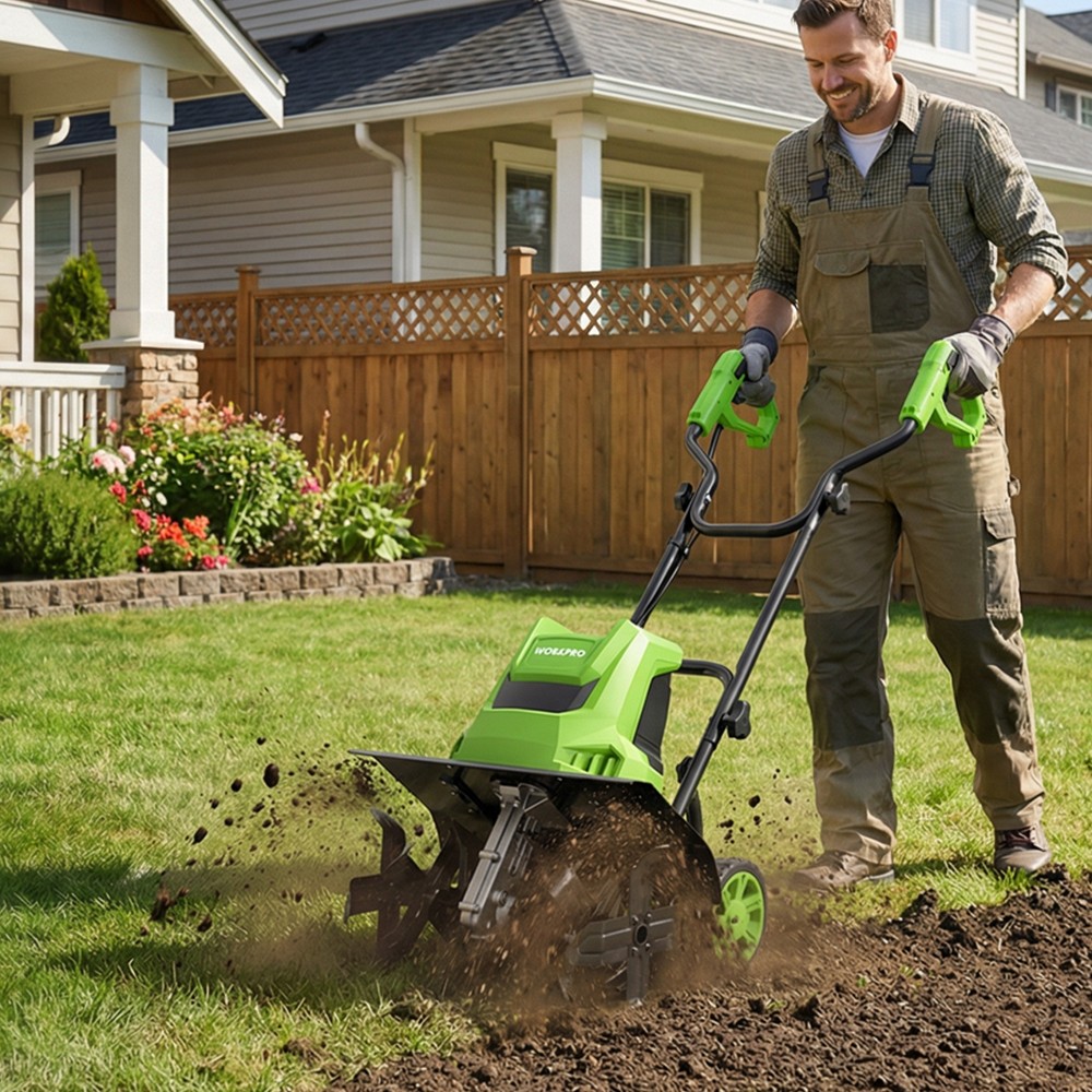 WORKPRO 1500W Electric Tiller 12.5A Corded Cultivator w/6 Steel Tines 16″Wx8.7″D