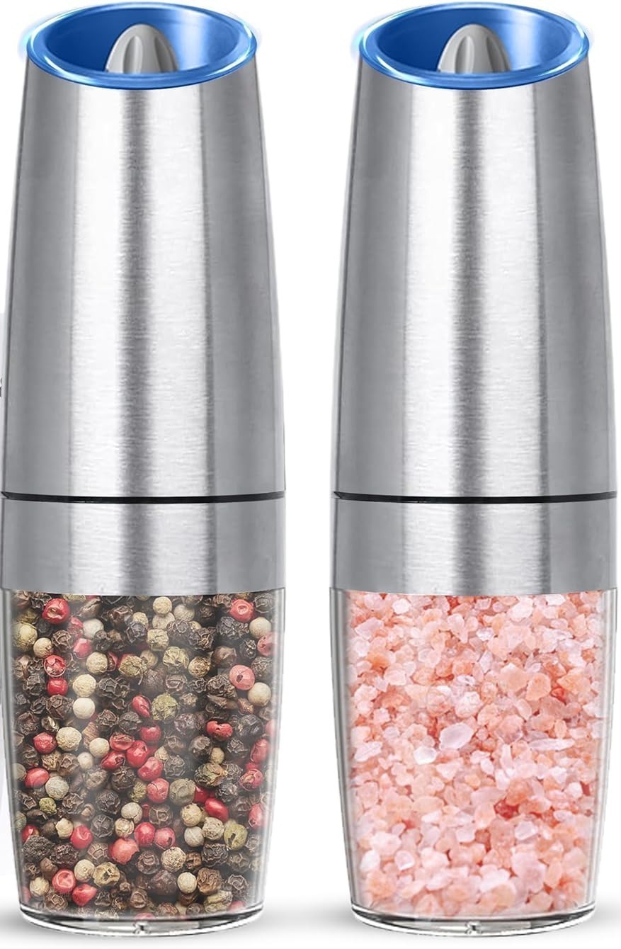 Gravity Electric Salt & Pepper Grinder Set 2 Pack Battery Powered LED – Silver.