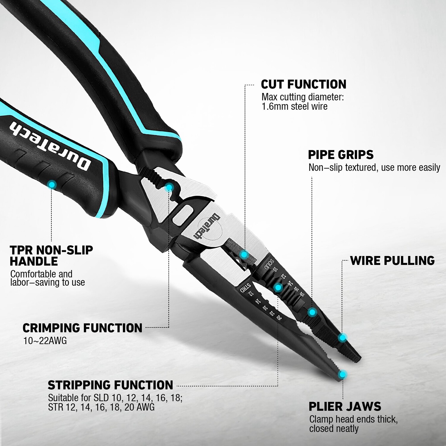 DURATECH 6-in-1 Needle Nose Plier 8.5″ Heavy Duty Long Nose Pliers Wire Stripper