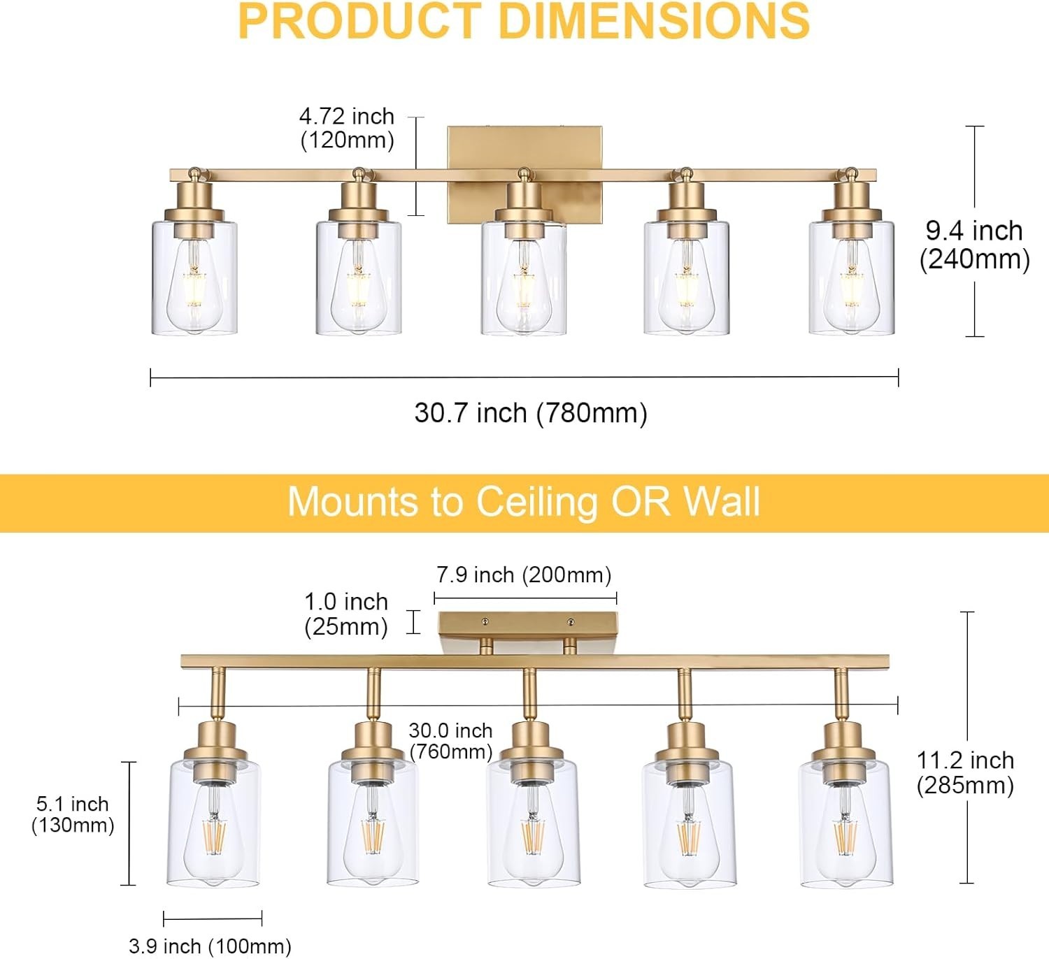 Wanluce 5-Light Gold Track Lighting Fixture Adjustable Rotating Clear Glass
