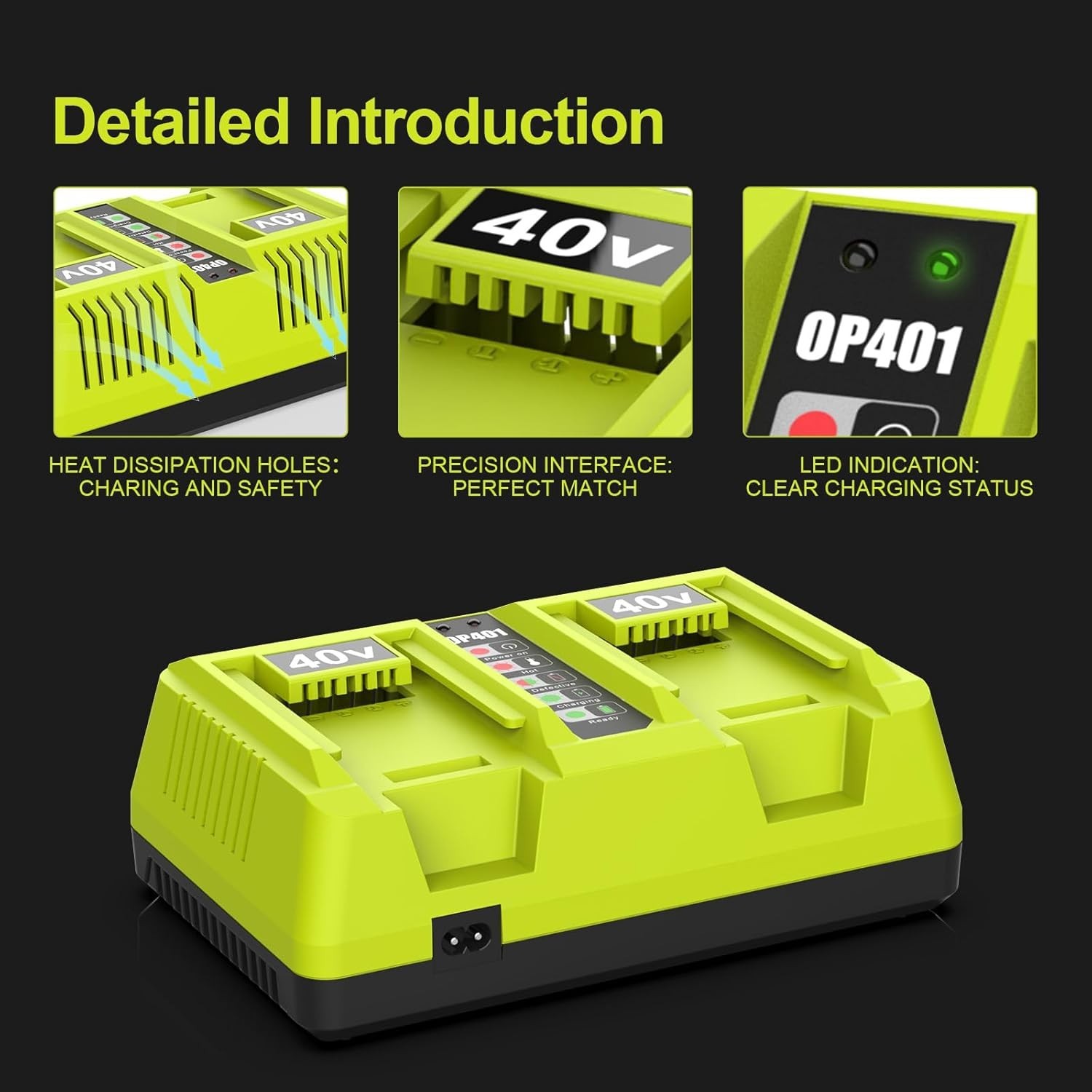 For Ryobi 40V Battery 2 Port OP401 Fast Charger Fit OP4015 OP4026 OP4040 OP4050