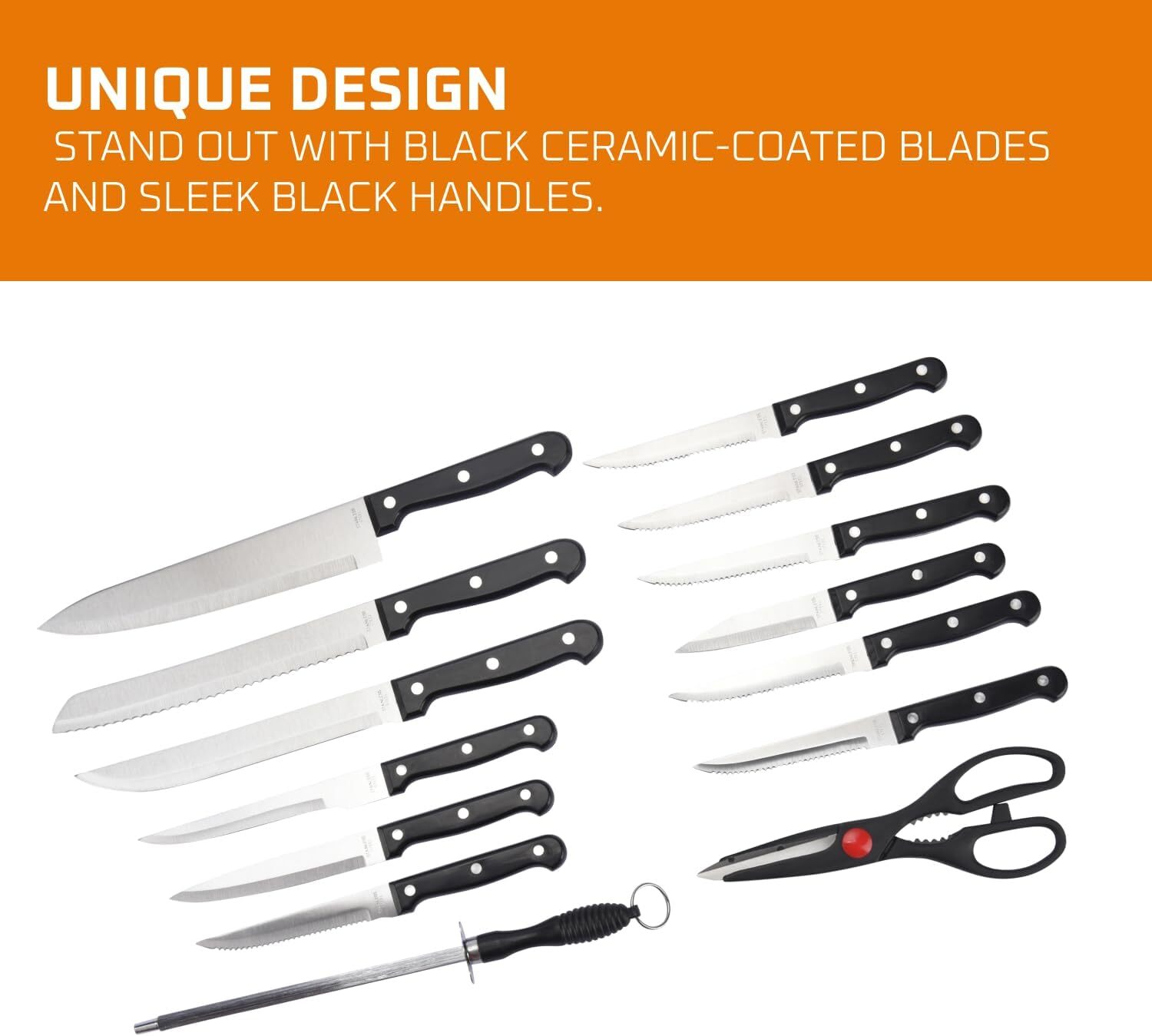 NEW 15-PIECE KITCHEN KNIFE WOOD BLOCK SET STAINLESS STEEL