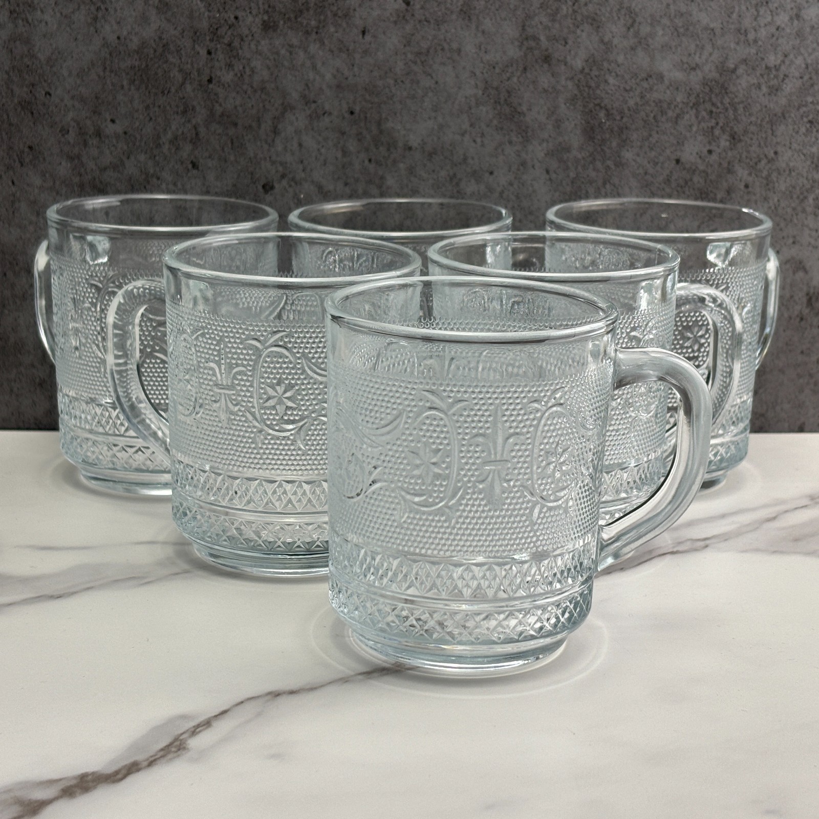 KIG Malaysia Coffee Mugs Tea Cups Clear Glass Trellis Fleur De Lis Set of 6