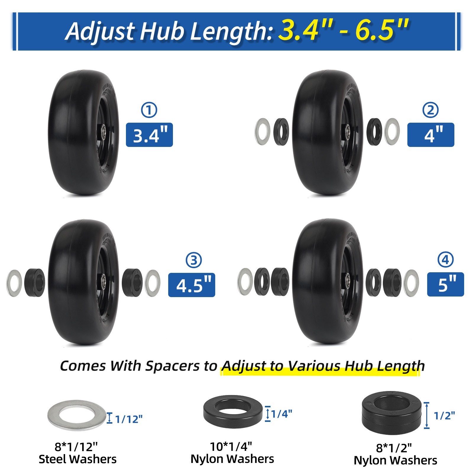 2-Pack 11×4.00-5 Flat free Smooth Tread Tire & Wheel for Zero Turn Lawn Mowers