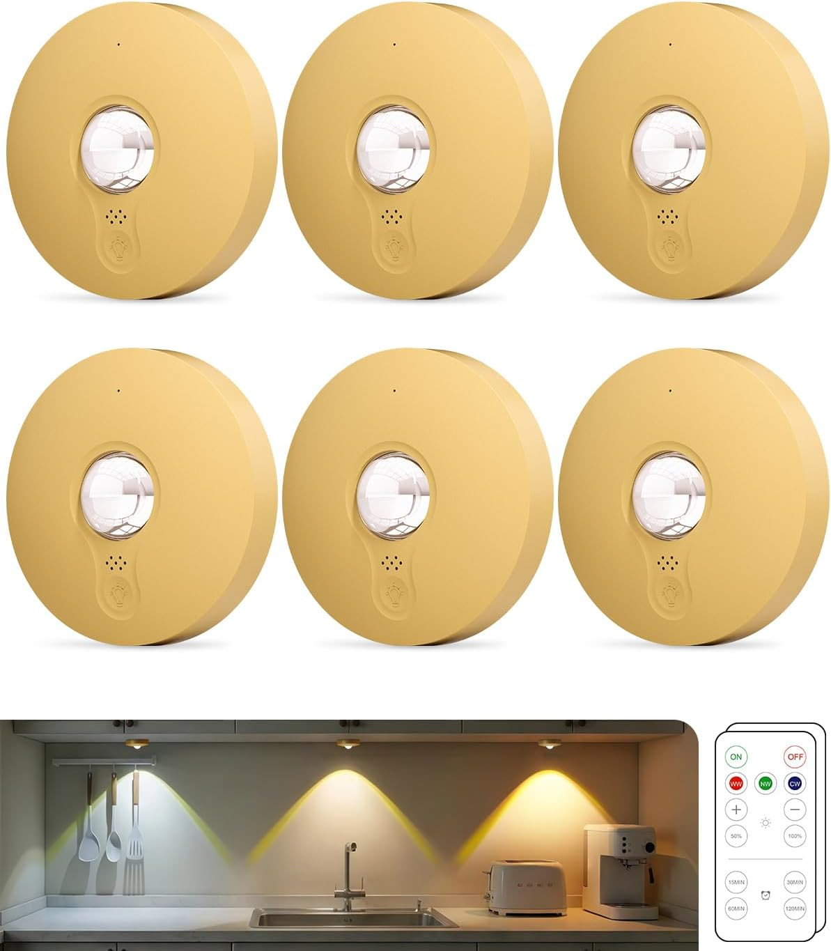 Rechargeable Puck Lights, 6-Pack LED Tap Lights with Remote, 1500mAh Battery, Di