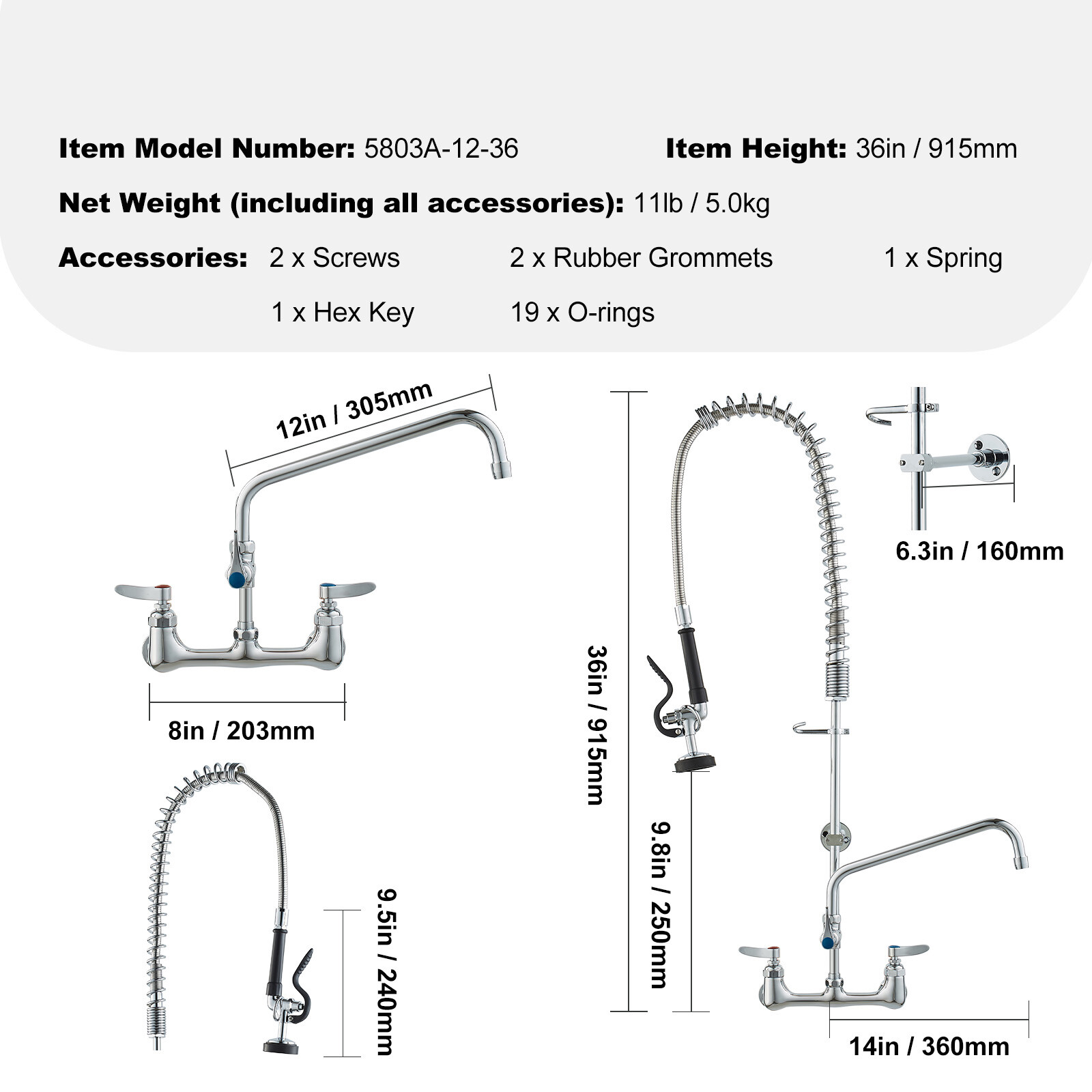 VEVOR 36″ Commercial Pre-Rinse Faucet Wall Mount Kitchen Sink Faucet w/ Sprayer