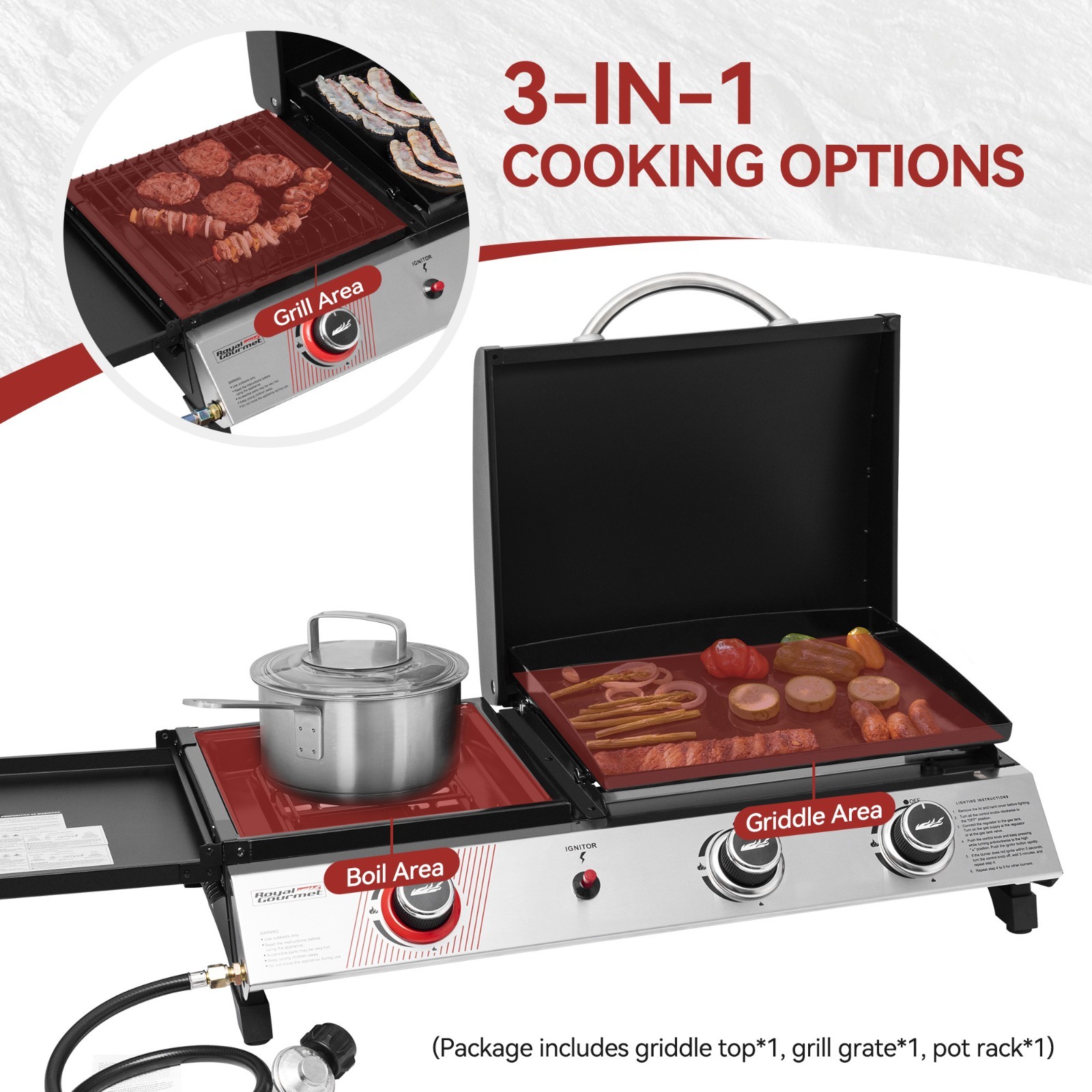 Royal Gourmet 3-in-1 Portable Gas Griddle with Side Burner and Lid for Outdoor