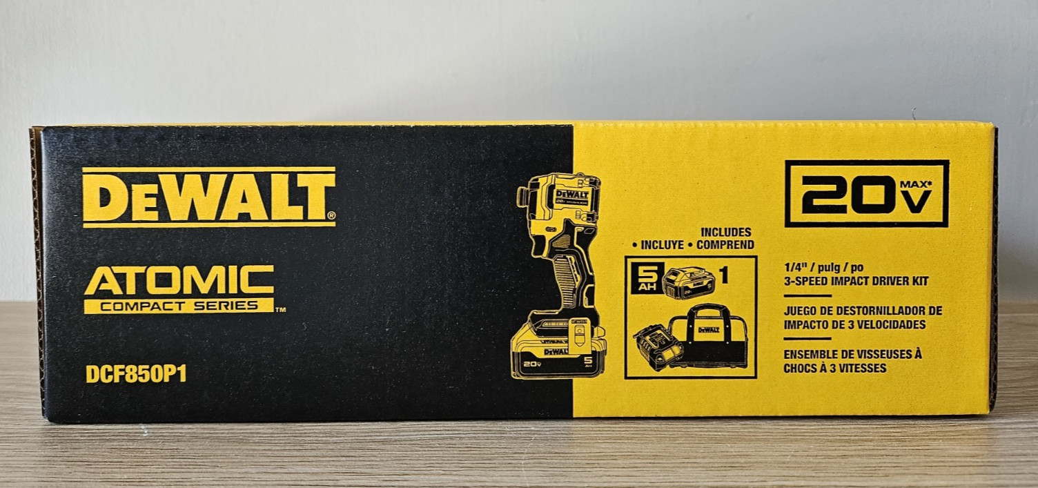 DEWALT ATOMIC 20V 1/4″ IMPACT DRIVER KIT W/ BAG, 5Ah BATTERY & CHARGER DCF850P1