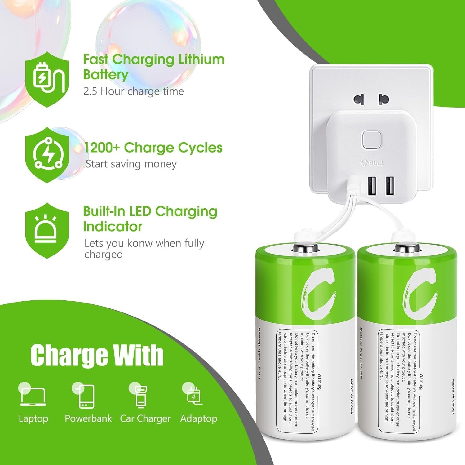 Lithium Rechargeable C Batteries 4 Pack,5000mWh High Capacity 1.5V Li-ion C 4