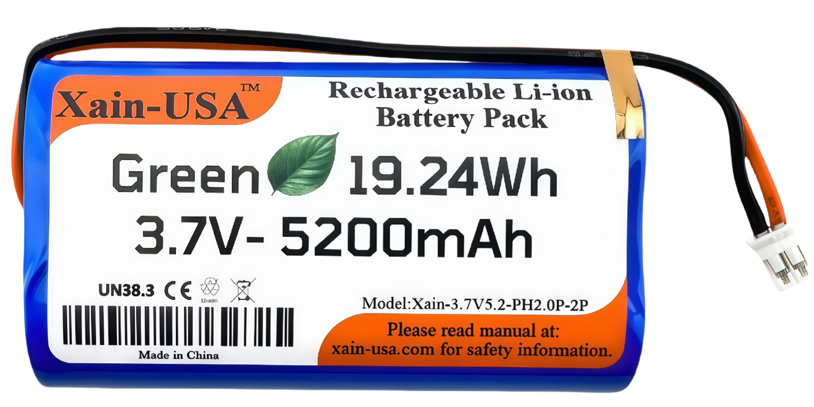 3.7V 5200mah 19.24Wh Rechargeable Li-ion Battery Pack with JST-PH 2Pin Connector