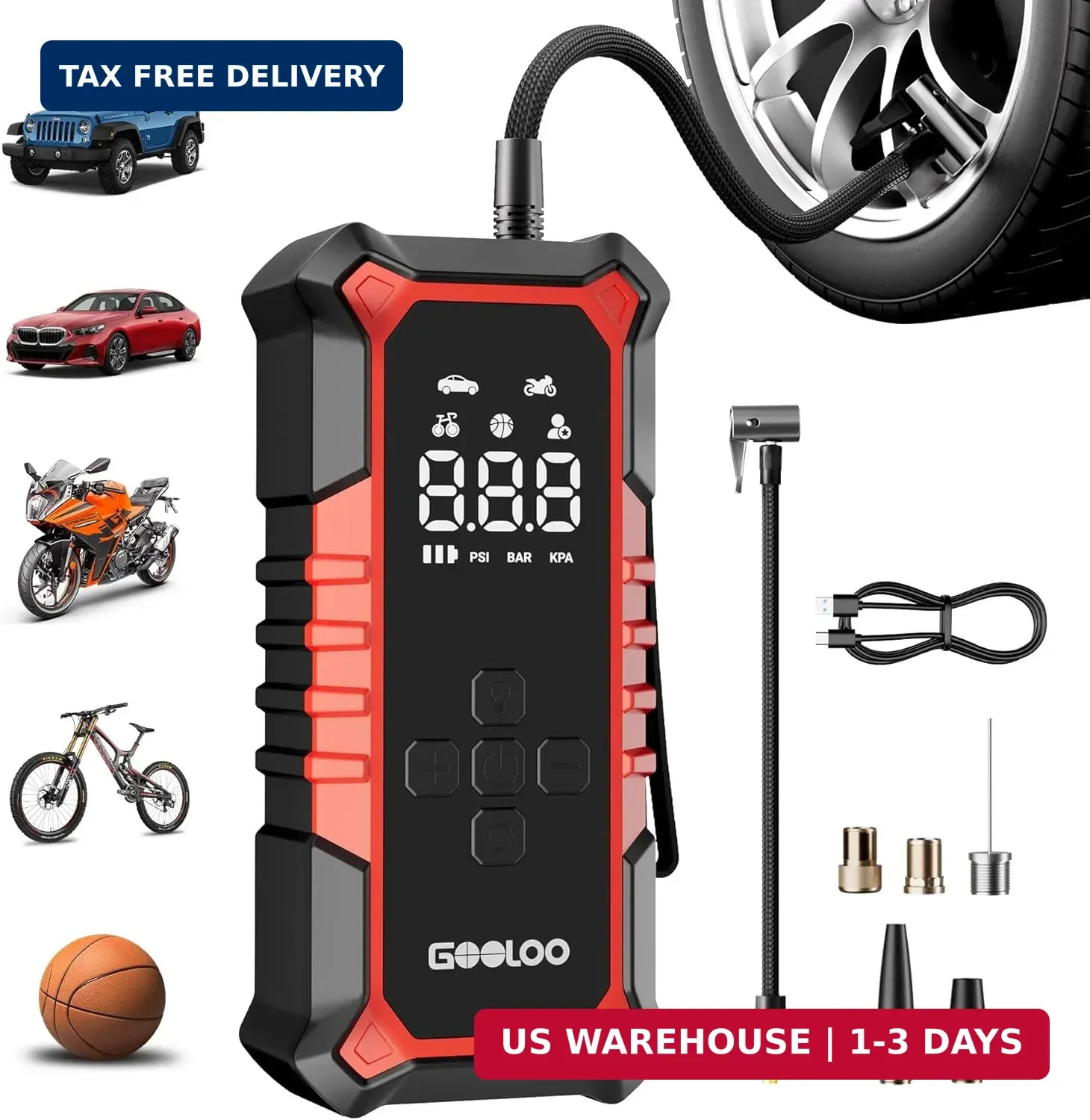 GOOLOO A6 Gear 160 PSI Tire Inflator Portable Air Compressor, 7500mAh Cordless T