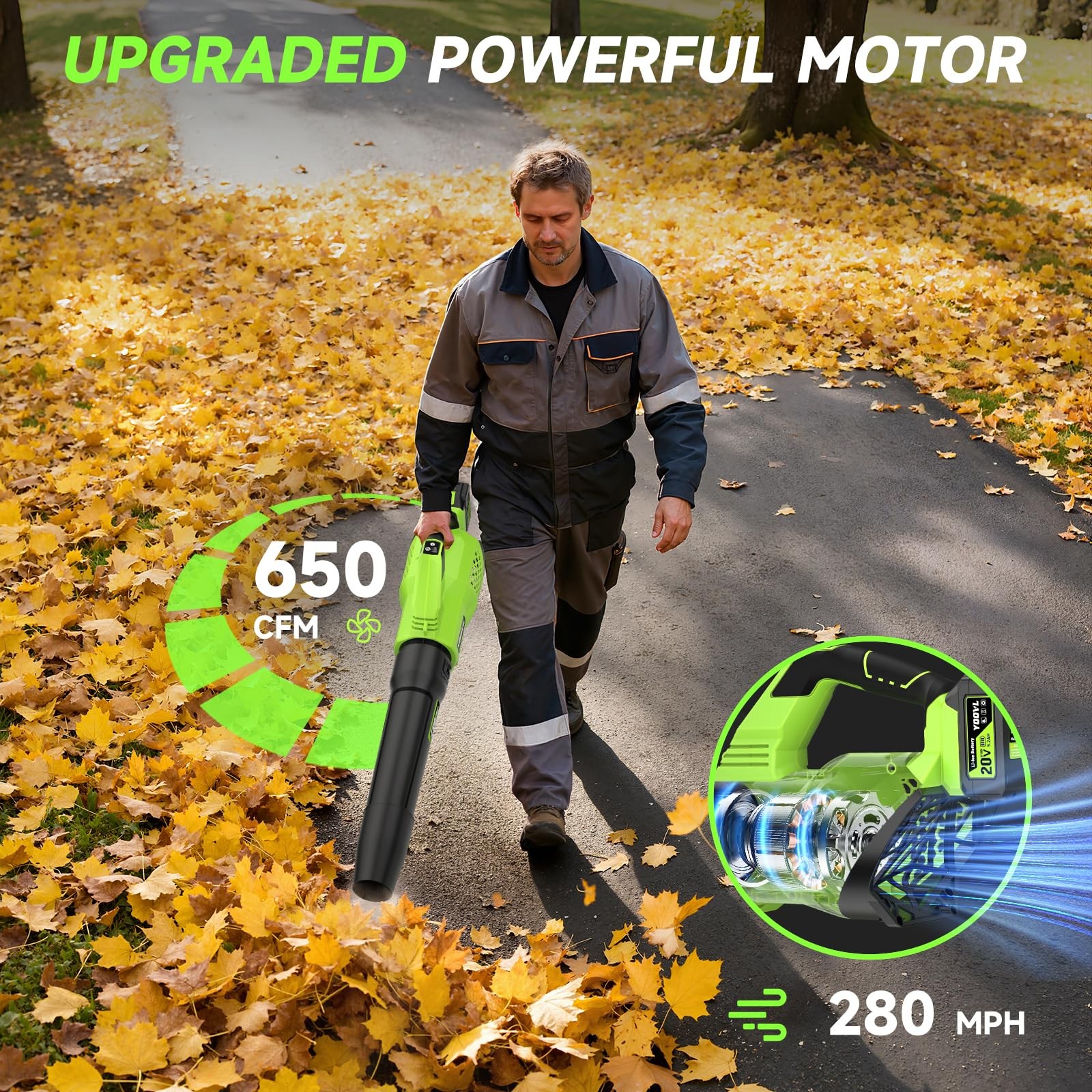 Leaf Blower Cordless, 650CFM Electric Blowers with 2 x 5.2Ah A-Green