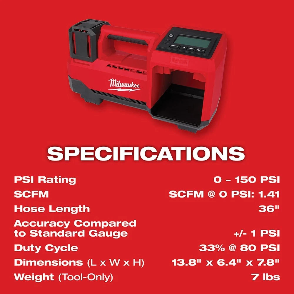 Milwaukee 18V M18 Cordless Compact Tire Inflator, On-Board Hose & Nozzle Storage