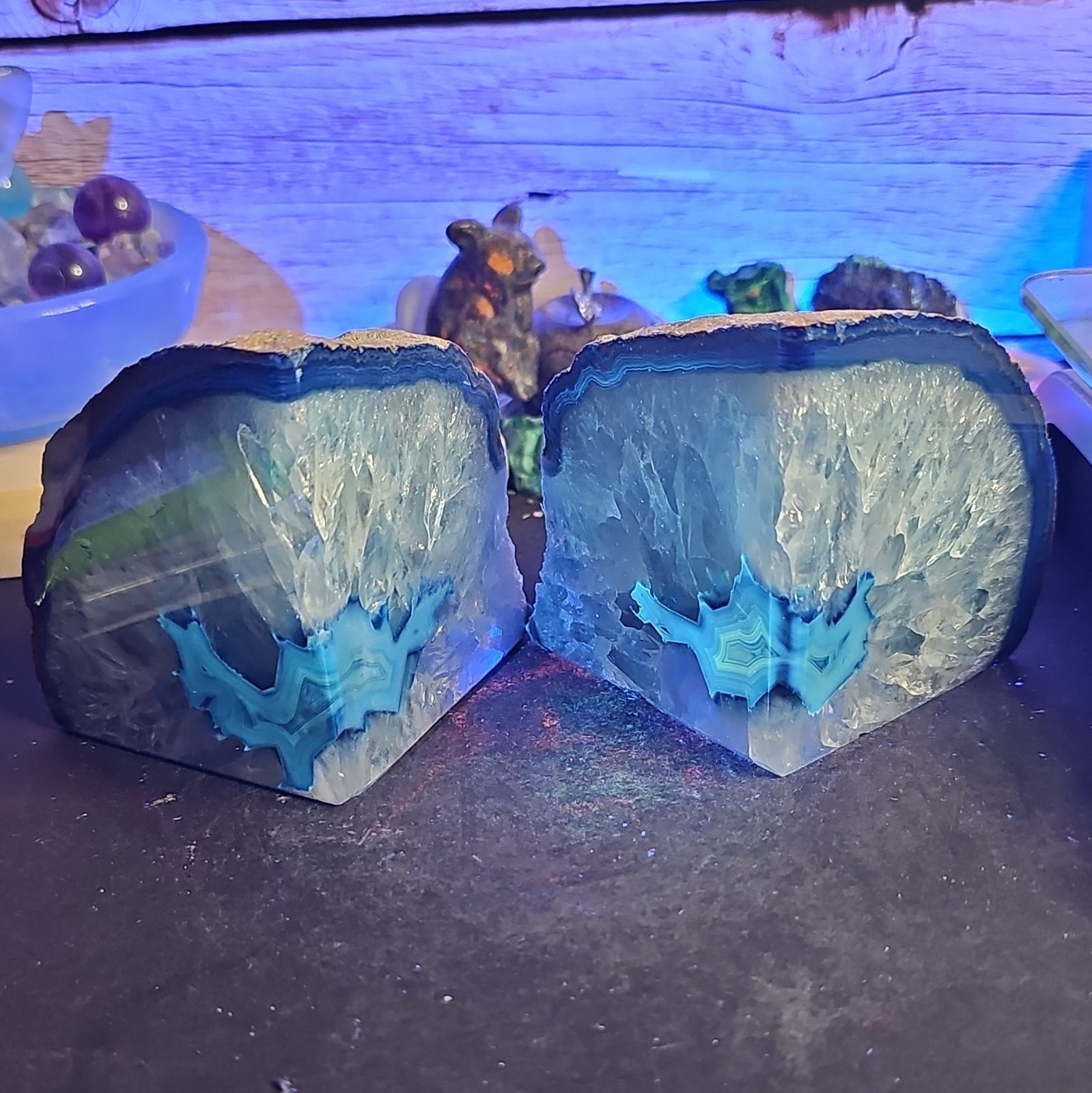 Large Blue Agate Geode Bookends Druzy Quartz Crystal Matching Pair Polished2.9lb