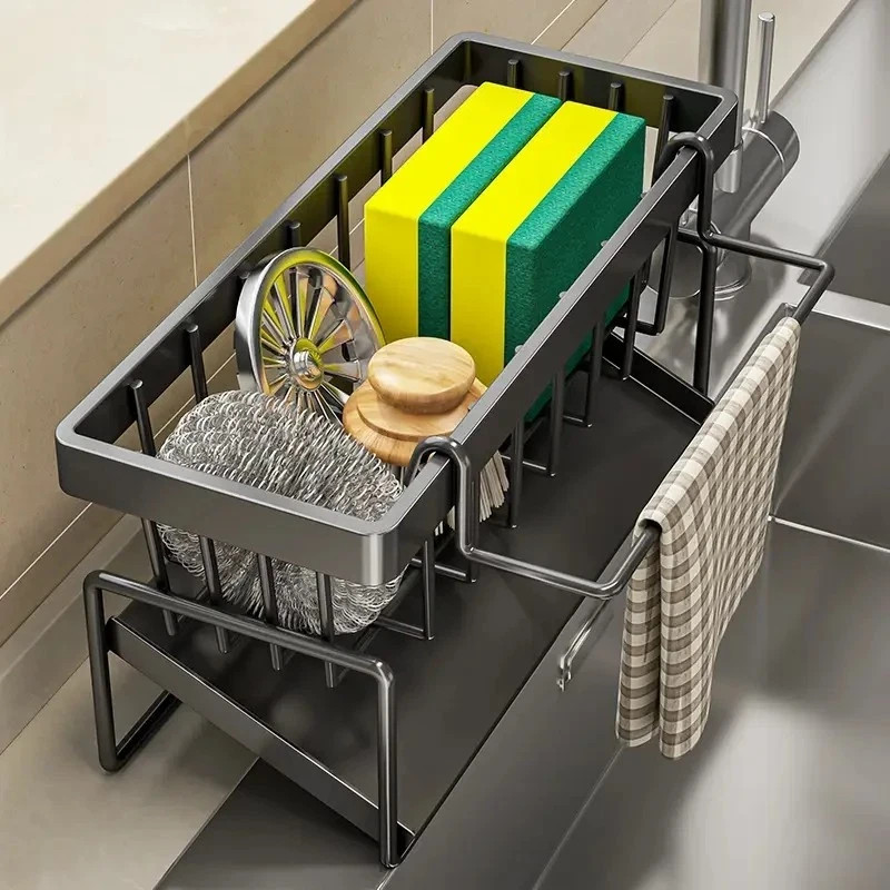 Black Plastic Kitchen Sink Sponge Organizer Rack with Towel Holder Rust Free