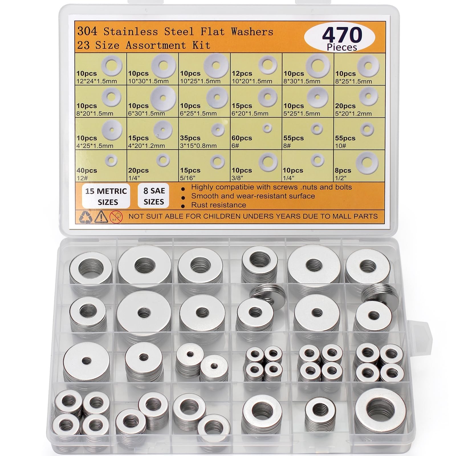 470pcs Fender Washers 304 Stainless Steel Flat Washers 23 Sizes SAE+Metric As…