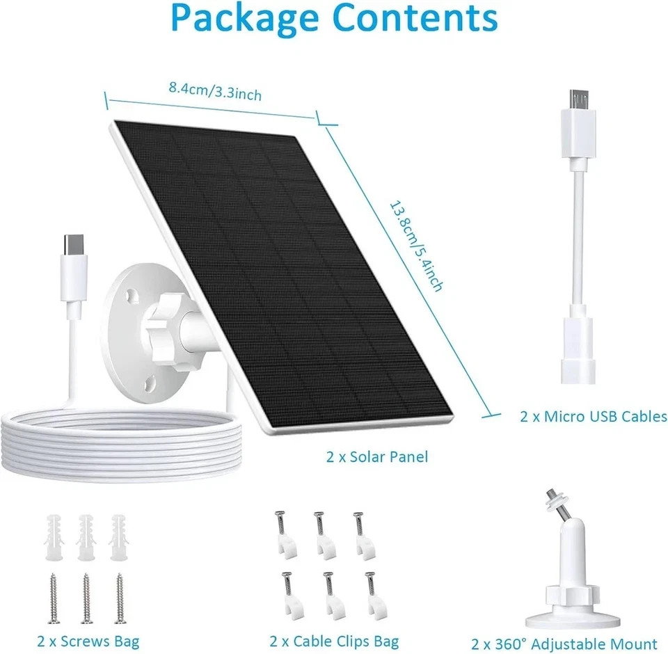 Solar Panel for Security Camera, 2 Pack 2W Solar Charger with Micro USB & USB-C
