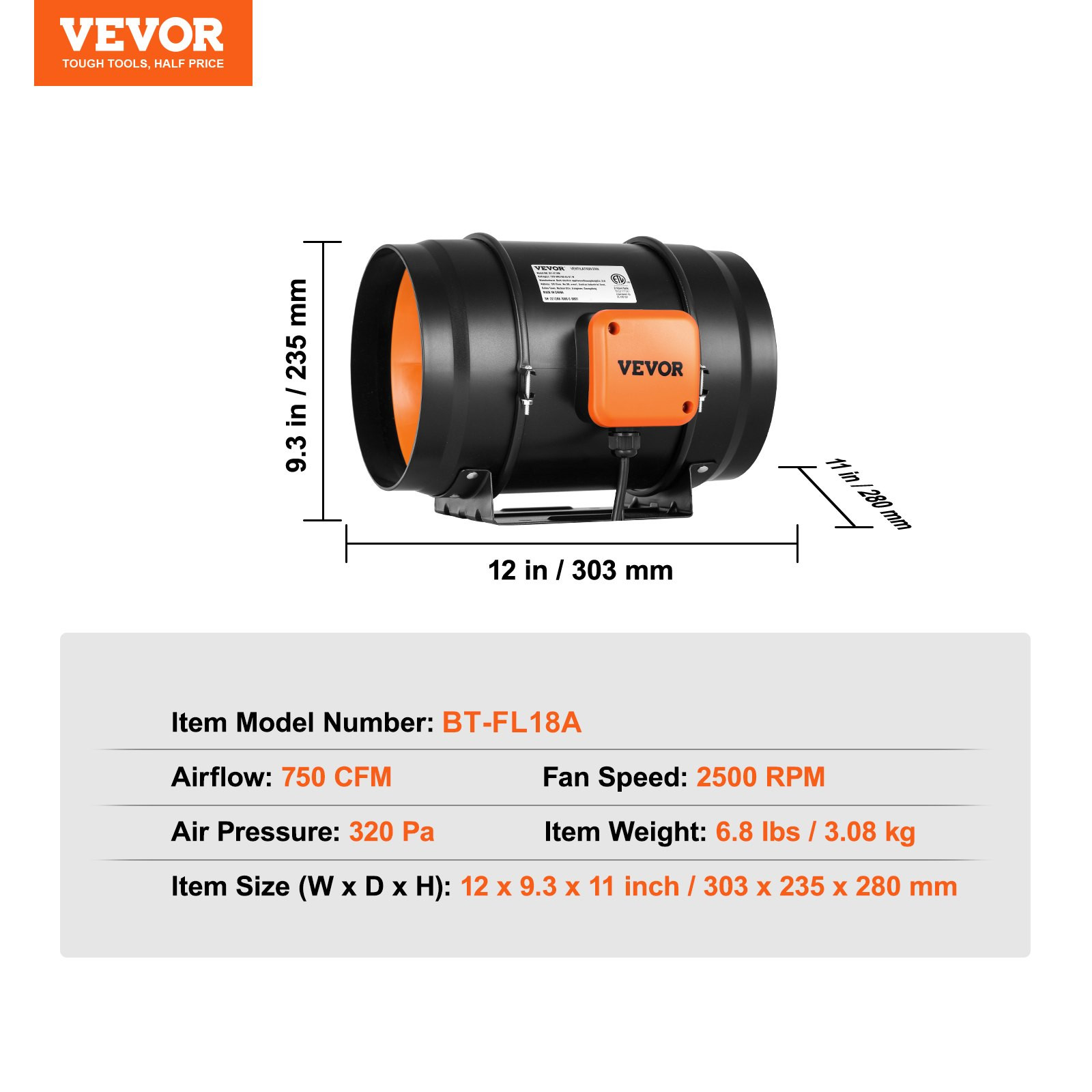 VEVOR Inline Duct Fan, 8-Inch 750 CFM with Variable Speed Controller, Quiet AC-m