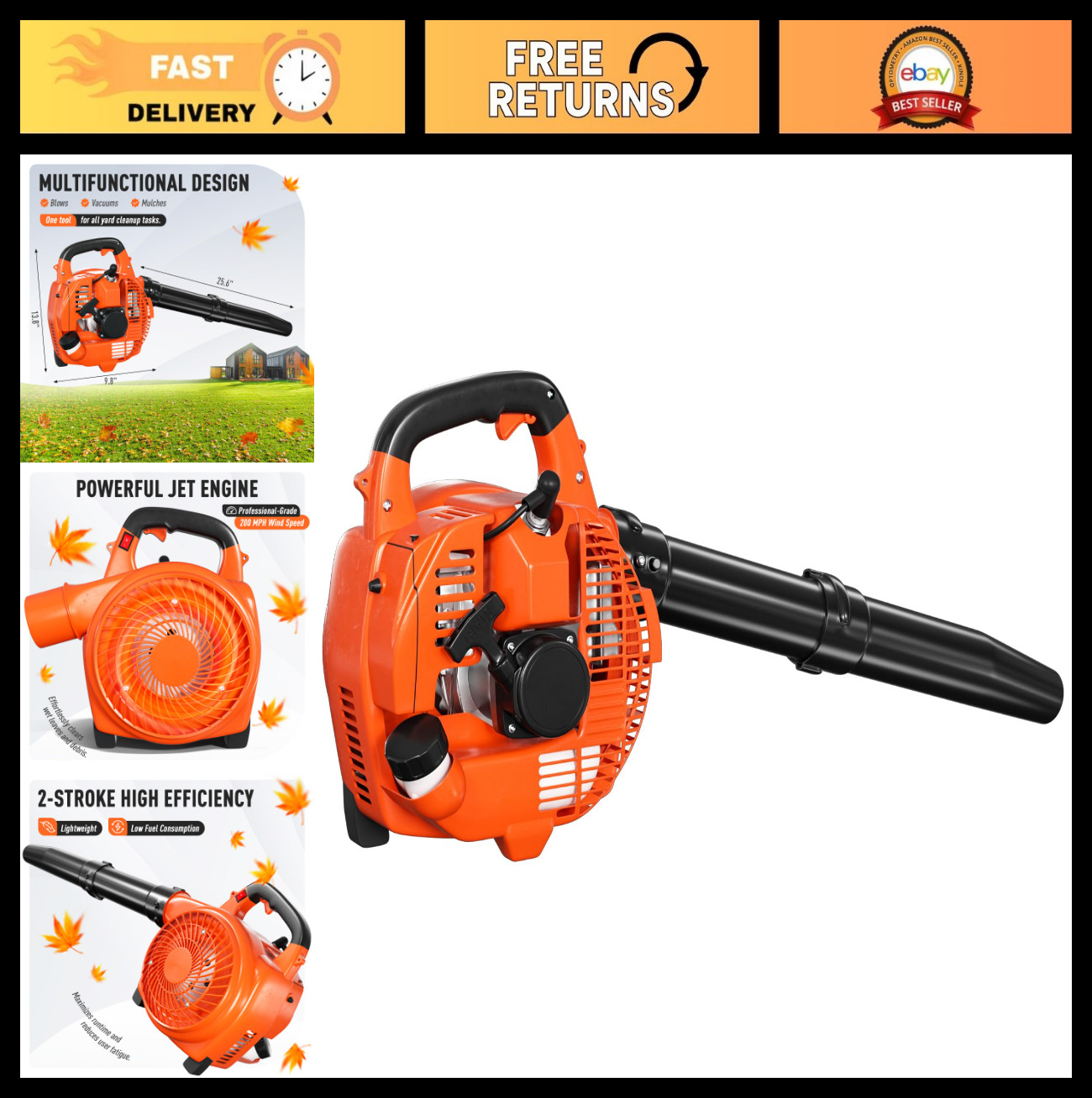 63CC Gas Backpack Leaf Blower 665 CFM 200 MPH Variable Speed Easy Start for Yard