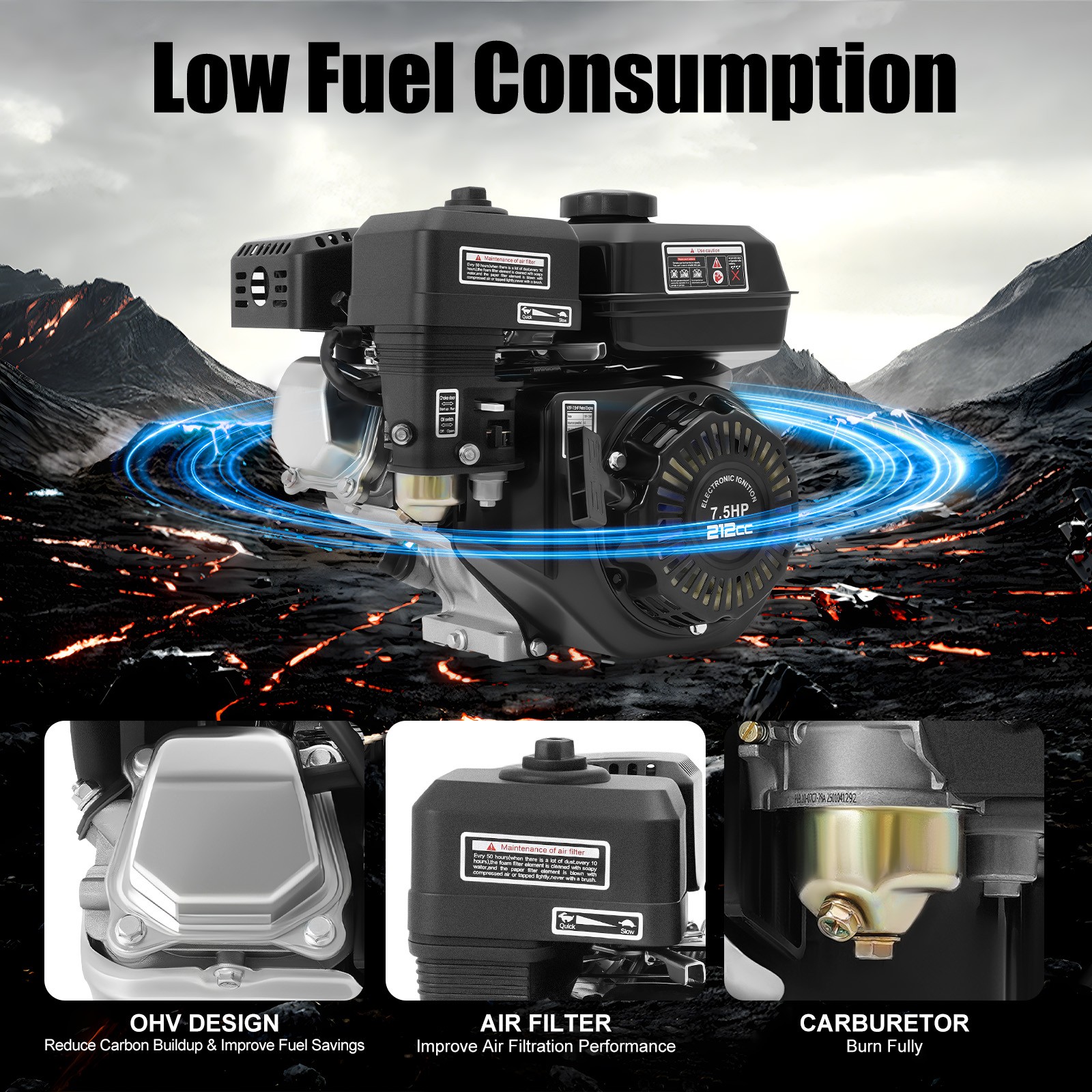 7.5HP Gas Engine 4-Stroke 212CC for Honda GX160 Go Kart Log Splitter Mini Bike